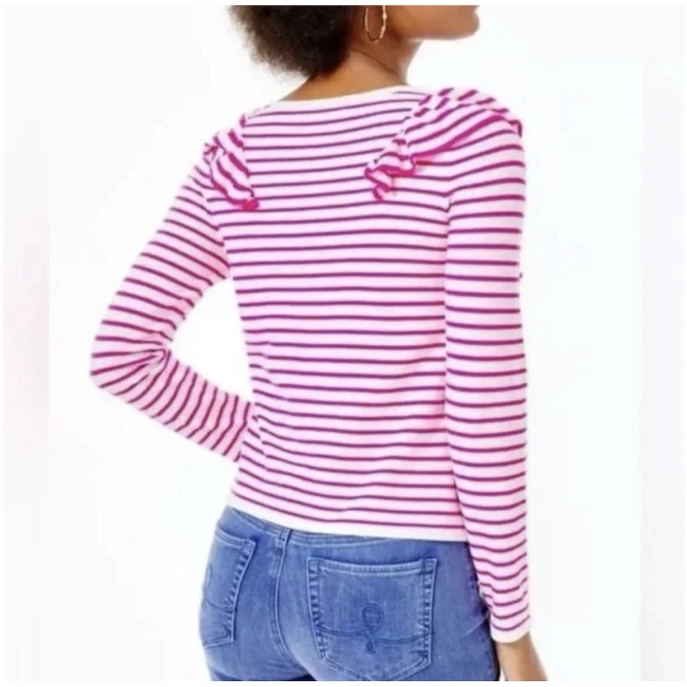 Lilly Pulitzer Ruth Striped Ruffle Sweater Beach Stripe Pink Tango Sz L - Picture 12 of 12
